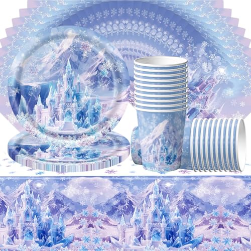 Juego de vajilla para fiestas de 61 piezas en color morado, decoración de mesa Winter Wonderland, temática de fiesta de cumpleaños, incluye servilletas, vasos de cartón, platos de cartón y mantel