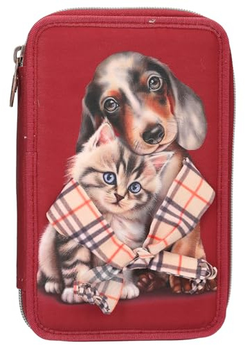 Depesche 13674 TOPModel Fur Ever Friends - Gefüllte 2-Fach Federtasche in Dunkelrot, mit Hunde- und Katzen Motiv, Federmappe mit Buntstiften, Schere, Lineal UVM, Rot