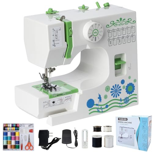 Macchina da Cucire Elettronica Portatile, Qoosea 12 Punti di Cucitura Mini Macchina da Cucire Bambini e Principianti, Cucitrice Automatica per Tessuti con Pedale Luce LED e Kit di Attrezzi Verde