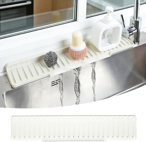 Esterilla de silicona para secar platos de cocina de 60 cm – Slim Bar Matte & antideslizante Splash Guard, ahorro de espacio para baño, cocina, fregadero (beige)
