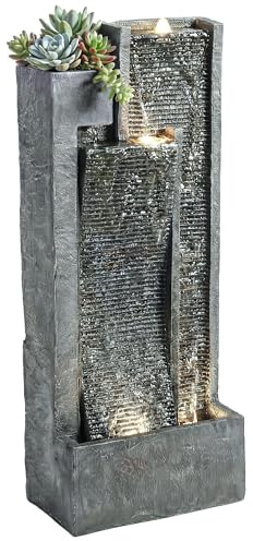 Outsunny 40 Tall Outdoor Waterfall Fountain with LED Lights and Planter, 3-Tier Cascading Waterfall Feature with Pump, Resin Freestanding Garden Fountain for Patio Balcony Garden, Dark Gray