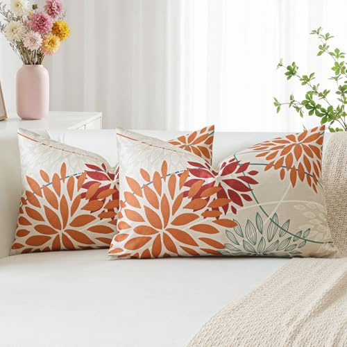 Artscope 2 Pieces Dahlia Floral Orange Red Geometric Cushion Covers 40 x 60 cm, Spring Cushion Bohemian Flowers Decorative Linen for Home Decoration Living Room Bedroom Sofa