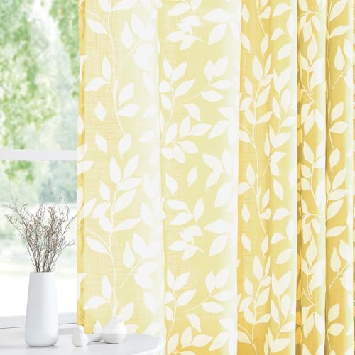 Treatmentex Weiße und gelbe Blattvorhänge für Wohnzimmer, 183 cm lang, bedruckt, halbtransparente Vorhänge für Küchenfenster, senfgelb, Ösenoben, 2 Stück