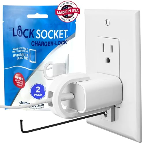 LOCK SOCKET Pro USB-C Lot de 2 verrous de charge rapide – Cordon antivol et verrou de sortie, avec vis de sécurité. Pour Apple iPhone 16/15/14/13/12/11/X/MAX/XR/8/7, iPad, Samsung et plus – Sans