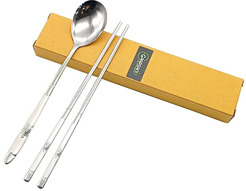 GARASANI Traditionelles koreanisches Besteck-Set, Löffel und Essstäbchen, Edelstahl, Silberfarbene Schildkröte