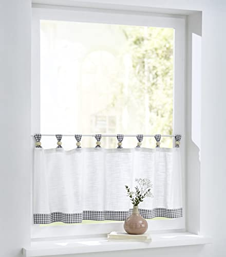 Cottage Scheibengardine Bistrogardine weiß grau kariert mit Schlaufen und Holzkugeln,Reine Baumwolle, Landhaus-Gardine Küche, Breite 120 cm x Höhe 50 cm