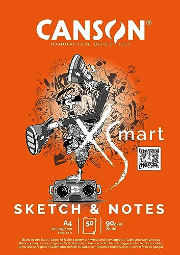 CANSON Xsmart Sketch & Notes, Zeichenpapier, weiß, feine Körnung, 90 g/m², Längseitig geklebter Block, A4-21 x 29,7 cm, Weiß, 50 Blatt