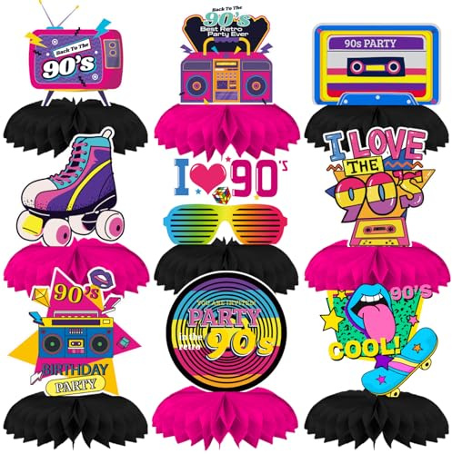 Qpout 9pcs 90er Jahre Retro Waben Tafelaufsätze Zurück zu 90er Jahre Party Tischauflagen 90er Jahre Retro Party Zubehör 90er Jahre Vintage Tischaufsätze für 1990er Jahre Hip Hop Nostalgische Party