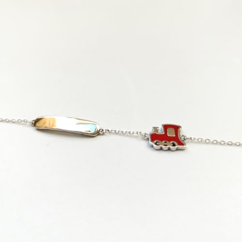 Bracciale Argento 925 misura bambino regolabile con Targhetta personalizzabile con Frase e/o Data da incidere, Locomotiva smaltata. CONFEZIONE E INCISIONE INCLUSE NEL PREZZO