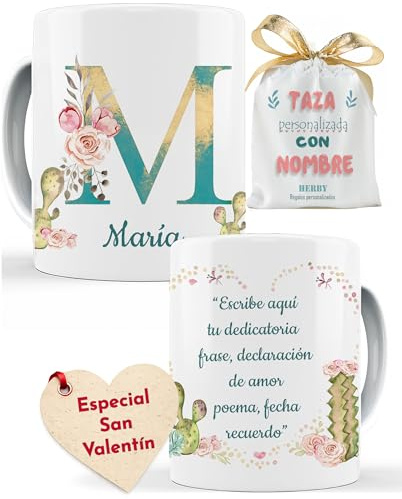 Taza personalizada con inicial (A-Z) y nombre de cerámica 325 ml para té, café, leche, apta para microondas y lavavajillas, original taza para regalar (M)