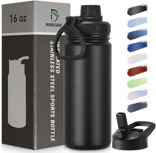 DOMICARE 16 oz Kids Water Bottle for School Stainless Steel Double Wall Vacuum Insulated Water Bottle with Straw lids & Spout Lid, Leakproof BPA Free （Black,1)
