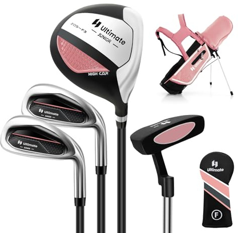 COSTWAY 4-delat golfset för barn, högerhänta golfklubbor med golfväska och regnhuva, komplett set inkl. 7 järn, S-järn, 3 fairway och putter för barn 5–7 år (rosa)