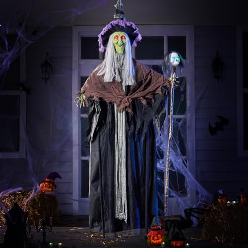 JOYIN 150 cm Fliegende Hexe, Halloween-Dekorationen, Outdoor-Dekoration, beleuchteter Totenkopf-Skelettstab, hängende animierte sprechende Hexe, Halloween, Animatronik, Veranda, Tür, Spukhaus, Party,