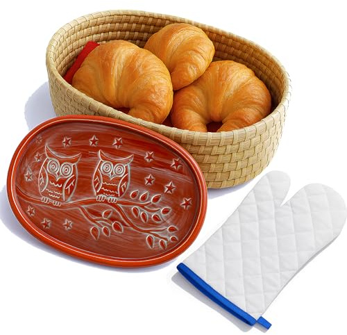 Brotwärmer Korb mit Terrakotta-Stein - Inklusive Ofenhandschuhen - Hält Brot warm - Rustikales Geschenk für Urlaub, Einweihung, Dinnerpartys - Handgewebt Natur Look - Küchentisch Zubehör