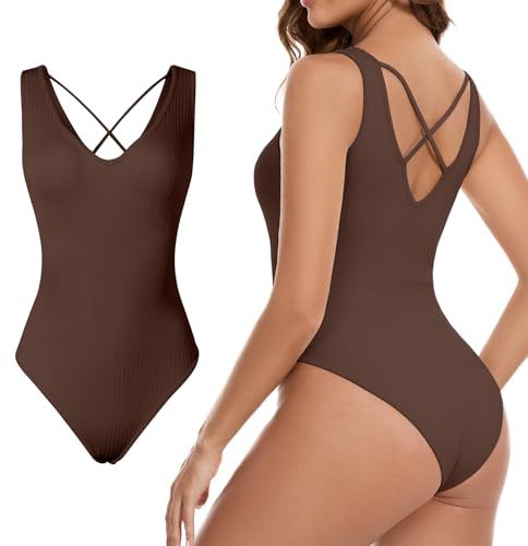 Nabawa Ribbed Bodysuit for Women Tummy Control Sleeveless Shapewear Bodysuit,coffee,S