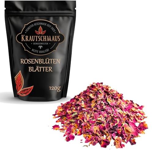 120g Rosenblütenblätter, hochwertige Blüten von Krautschmaus, essbare Blumen, schonend getrocknet, intensiv duftend und aromatisch, ohne Zusatzstoffe