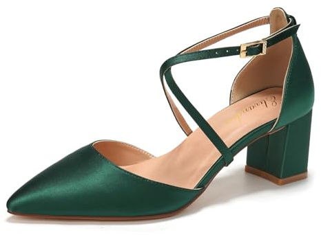 Elivandon J1586 Women's Satin Pointed Toe Mid-Heel Evening Sandals 2.36 inches Block Heel Bridal Party Wedding Pumps with Long Strap Colour Dark Green,Size 5 UK/38 EU