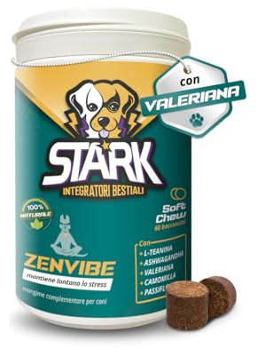 STARK Zenvibe Calmante per Cani 60 Bocconcini 180gr Rilassante Contro Ansia e Stress Cani con Valeriana, Camomilla, L-Triptofano e tè Verde, Supporto Antistress Cane per Botti, Viaggi E Temporali