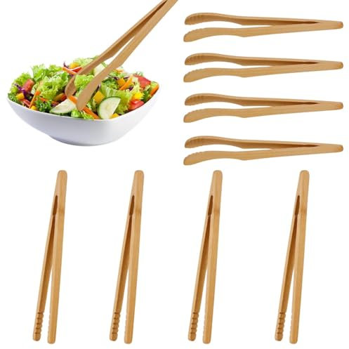8 Stück Bambus Zange - 18 cm Holzzange Raclette Zubehör, Küchenzange, Klein Grillzange Holz, Küche Zange mit Antirutschrille für Tee, Toast, Barbecue, Picknick, Toaster Tongs, Zuckerzange