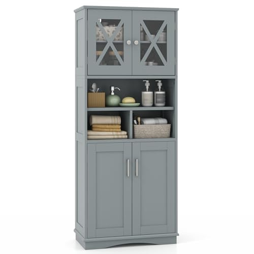 COSTWAY Badezimmerschrank, Badschrank Hochschrank mit 3 verstellbaren Regalen & 4 Türen, Aufbewahrungsschrank Holz für Badezimmer, Wohnzimmer & Küche, 60 x 30 x 145 cm (Grau)