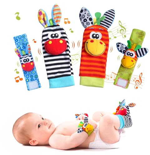 4Pcs Rassel Baby Socken Babyspielzeug Handgelenk, Neugeborenen-Spielzeug,Rasselsocken Baby 0-6 Monate,für Jungen und Mädchen, Frühe Bildung Baby Socken,Geschenkideen für Säuglinge