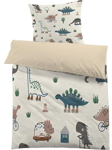 dyausi Housse de Couette 200x200 Dinosaure Parure de Lit Mignon Animaux 2 Personnes, Housse Couette Dessin Animé Dinosaure en Microfibre, Linge de Lit avec Taies d'oreiller, Beige AZ24