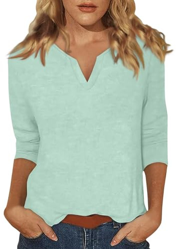 Maglietta da donna estiva a maniche 3/4, maglietta da donna, con scollo a V, a maniche a tre quarti, elegante, casual, tinta unita, camicetta da donna