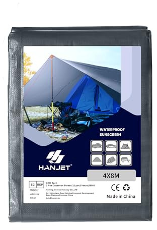 Hanjet Bâche extérieure imperméable en polyéthylène - 140 g/m² - Robuste - Gris - Bâche de sol contre le vent et la pluie - Pour cour, toit, tente, piscine (4 x 8 m)
