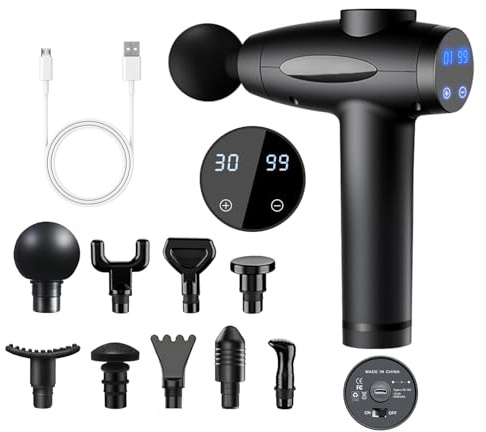 Pistolet de Massage Musculaire masseurs électriques portables de Massage Masseur de Muscle pistolet masseur avec 30 Niveaux Réglables,9 Têtes de Massage et l'Écran LCD Pour Soulager Douleurs Raideurs