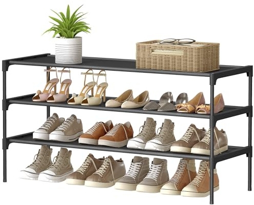 SONGMICS Zapatero de 3 Niveles, Estantería de Zapatos, Almacenamiento de Calzado, Entrada, Pasillo, 29,7 x 91,8 x 53,5 cm, Marco de Metal, Estantes de Tela No Tejida, Negro Tinta LSH033BH01