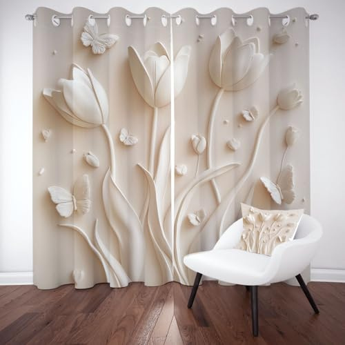 Dpvbffx Geprägt Blumenmuster Vorhang mit Ösen 2er Set | Schmetterling Floral Blackout Curtain Lärmschutzvorhang, Modern Landhausstil Gardinen Blickdicht 180 cm Lang 70 cm Breit fur