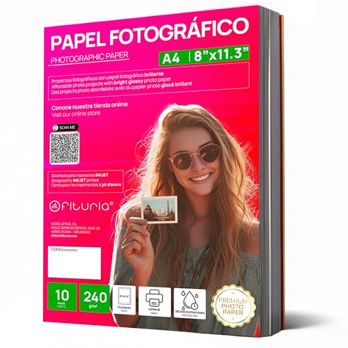 OFITURIA Papier Photo A4 Brillant – Haute Résolution, Séchage Instantané, 240 g/m², Compatible avec Imprimantes Jet d’Encre – 10 feuilles