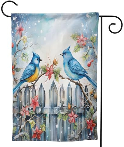 Mexpekil Bandera de jardín de hoja de acebo de pájaro azul nieve de invierno de 28 x 40 pulgadas, bandera de bienvenida decorativa al aire libre para patio, césped