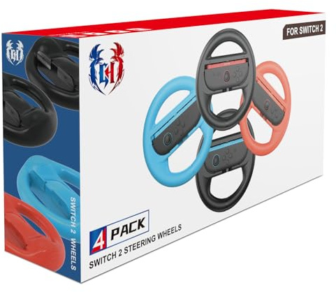 GH 4 Pack Switch 2 Steering Wheel Compatible with Mario Kart World, Mario Cart Racing Wheel Accessories Compatible with Nintendo Switch 2, Joy Con Games Controller (Black x2, Red and Blue)