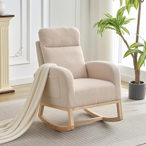 OPULENTHOME Fauteuil à Bascule, Chaise a Bascule Allaitement, en Peau d'agneau Blanche, avec Autocollants antidérapants, pour Salon, Chambre à Coucher, Bureau, Blanc