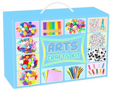 2000 Stück Bastelset Kinder All-in-1 Bastelkoffer Kinder DIY Bastelmaterial Scrapbooking mit Pfeifenreiniger Basteln Schule Zubehör Spielzeug Geschenk für Mädchen Jungen 4-6, 6-8, 8-12 Jahre, Blau