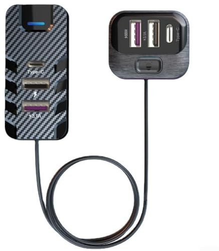Caricabatteria da auto 66W USB C PD con 6 porte, 1 cavo da 5 m per la ricarica rapida di più dispositivi