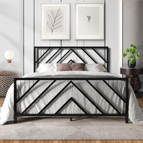 Castle Place King Geometric Slatted Design Metal Platform Bed, Black