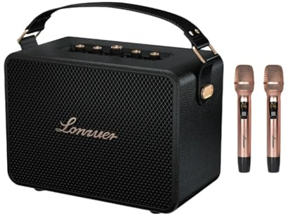 Système de microphone karaoké portable avec 2 microphones sans fil, batterie 18000 mAh, basse 120 W, design rétro, Bluetooth 5.3, entrée AUX/guitare - Haut-parleur de fête professionnel pour adultes