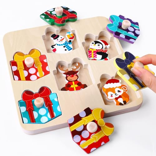 DTYDECLE Weihnachten Montessori Holzspielzeug, Holzpuzzle ab 1 Jahr Weihnachten Geschenkbox Greifpuzzle für Weihnachten Mädchen und Jungen Lernspielzeug Geschenk