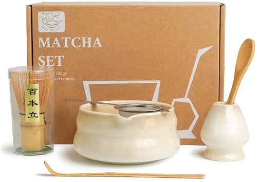 HEI MING Premium Matcha set med 6 delar – exklusiv teceremoni med bambutådor (kvast), beige keramikskål, sked och tillbehör, originalgåva till Matcha