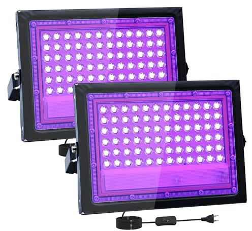 2 Stück 50W LED Schwarzlicht Strahler, 395-400nm LED UV Strahler, IP66 UV Schwarzlicht Fluter, UV Licht mit Schalter für Halloween Dekorationen, Party Deko, Weihnachten, Neon Glühparty, Körperbemalung