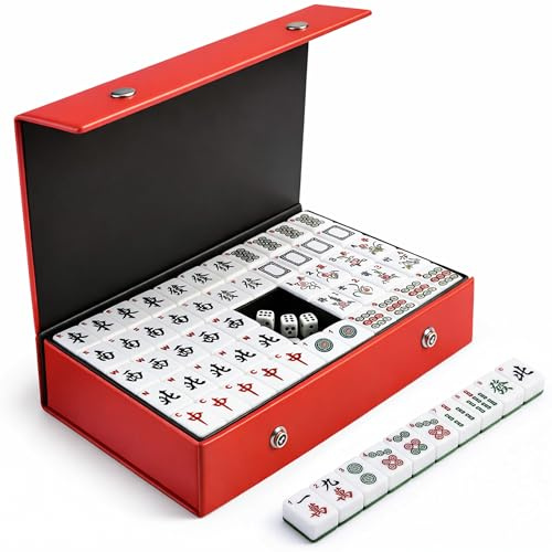 TVOOD Mahjong Set Full Size with Numbers: 144Pcs Mahjong Tiles 30x22.5x17mm | Portable Mahjongs Game Set with 3 Dice and Carry Case for Family Games Parties Travel and Gatherings