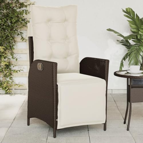 Owoxanthellate Gartenstuhl verstellbar Braun Poly Rattan mit Cremeweißen Kissen klappbar wetterfest Gartensessel Balkonstuhl 57x61x93 cm für Terrasse Balkon und Garten