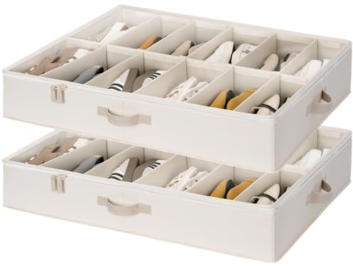 StorageWorks Under Bed Storage Boxes with Lids, Ivory White, 2-Pack | Fits up to 24 Pairs, Foldable Shoe Storage Boxes with Clear Cover and Adjustable Dividers, Shoe Organiser for Bedroom Closet