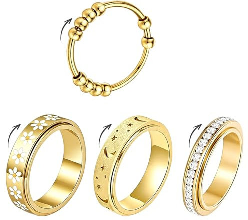 DASHUI 4 Stück Anti Stress Ring, Anxiety Ring, Fidget Ring Damen, Anti-Angst Spinner Ringe, Edelstahl – Wasserfeste Ringe Gold