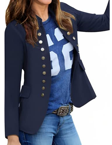 Roskiky - Veste décontractée unie pour femme, ouverte sur le devant, avec boutons et col montant, bleu marine, S