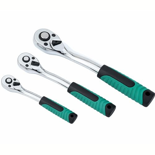 TOPWAY Ratchet Handle Set 3PCS – 72 Teeth 1/4 3/8 1/2 Drive Quick Release Reversible Socket Wrench Set – Chrome Vanadium Steel Garage & Automotive Repair Tool Kit, Model 420011