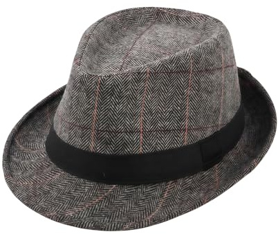 Mens Classic Plaid Manhattan Structured Gangster Trilby Fedora Hat, Cuban Style Derby Jazz Cap for Daily Party Cosplay (Grey)