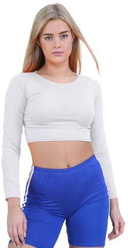 janisramone® Womens Crew Neck Crop Top, Long Sleeve Stretchy Summer Tops for Women UK, Plain Slim Fit Cropped Top, Ideal Casual Wear and Going Out Tops